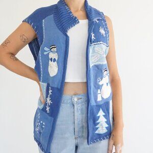 Vintage Blair Blue Knit Snowman Snowflake Winter Zip Cotton Vest Cabincore L